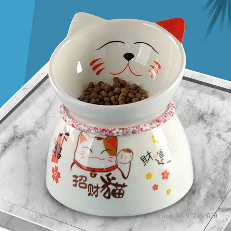 Lucky Cat Ceramic High Foot Anti-tipping Protection Cervical Rice Bowl Dog Drinking Water Food Bowl Supplies Y250528