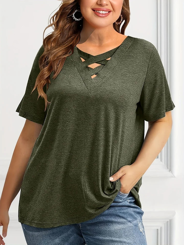Plus Size Womens Tshirt Solid Short Sleeve VNeck Top Summer Comfortable Breathable Cross Casual Loose 250519