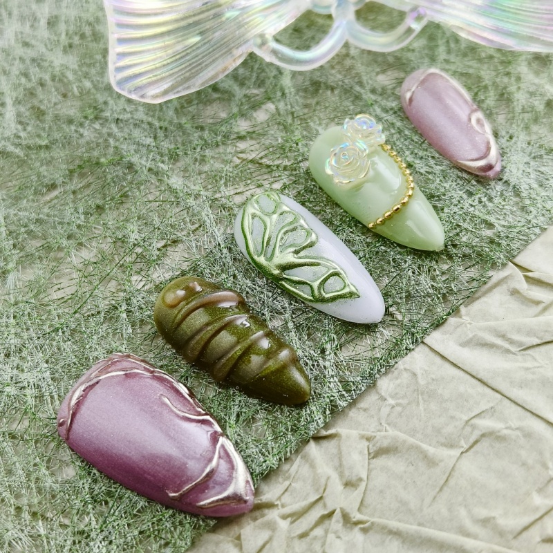 10pcs 3D Handrawn Handmade Press-on nails Medium Almond Nails Fake nails Bundle 3D Flwoers Butterfly Finished nail stickers Free storage box jelly glu