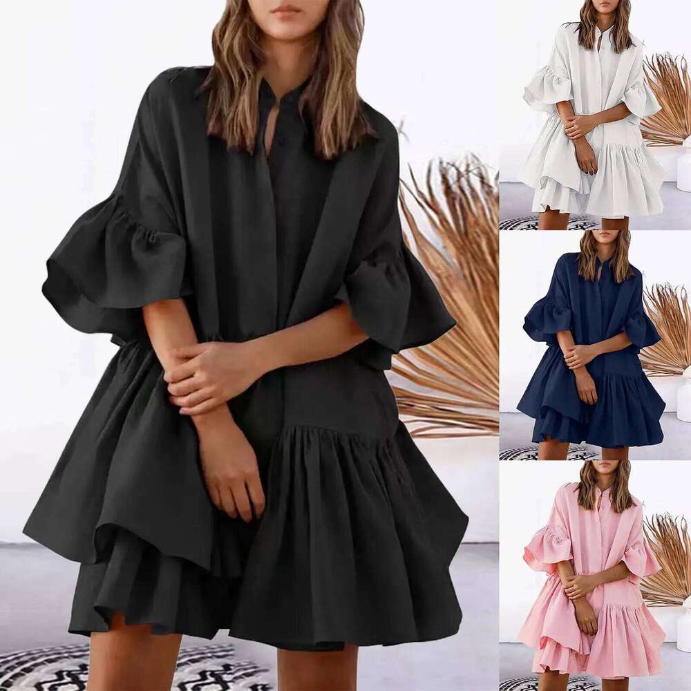 Women's Wear New Women's Loose Shirt Solid Color Flare Sleeve A-Line Pleated Summer Casual Sweet Party Ruffles Dress Robe