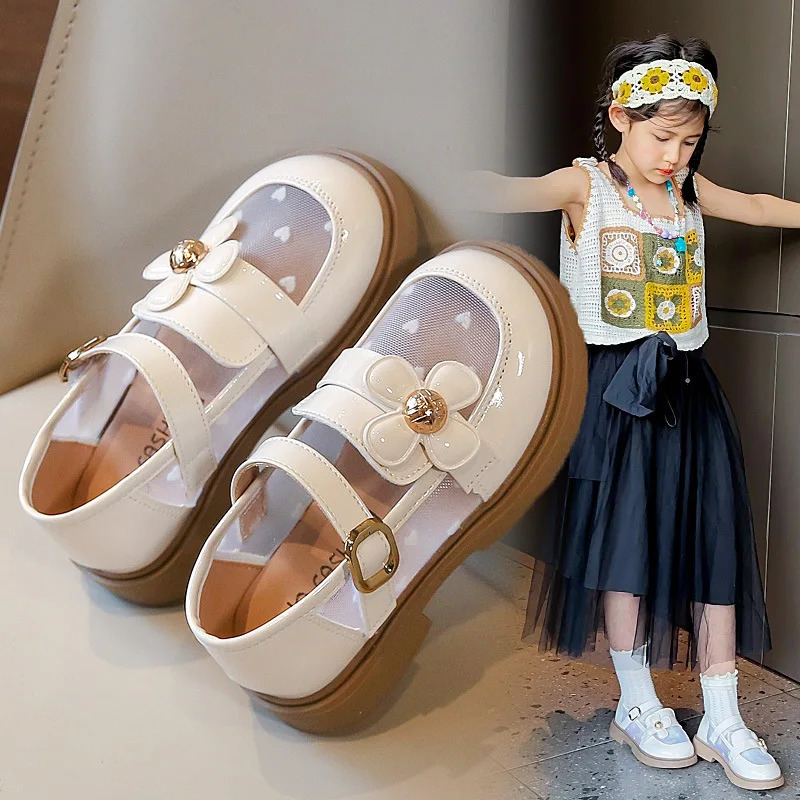 Fashion Chic Flower Children Princess Shoes Breathable Causal Kids Mary Jane Shoes for Party Summer Girls Mesh Leather Shoes 250528