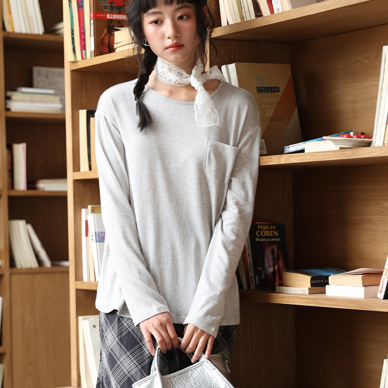 DR220 New Round Neck Long Sleeve Skin-friendly Loose Pocket Top Blouse