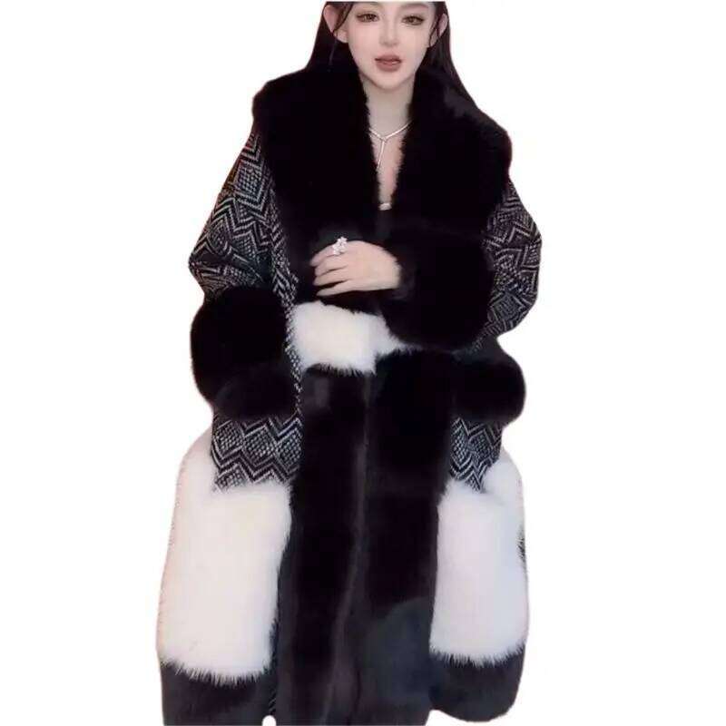 Faux Coat for Women,England Style Jacket,Thick Designer Female Clothes,Faux Fox Fur Collar, High Quality,New,Winter,2025