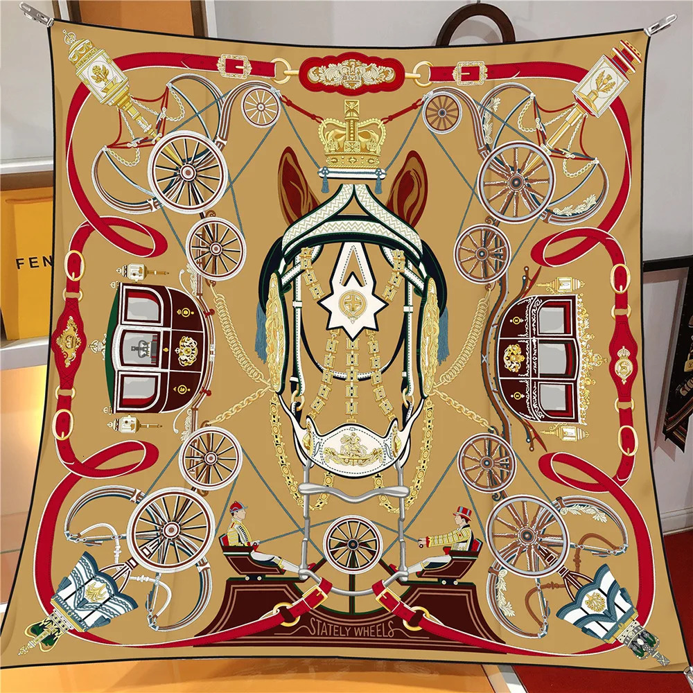90CM Silk Scarf Women Horse Carriage Print Square Scarves Head Echarpes Silk Foulards Femme Wraps Beach Shawl Bandana Lady Hijab 250527