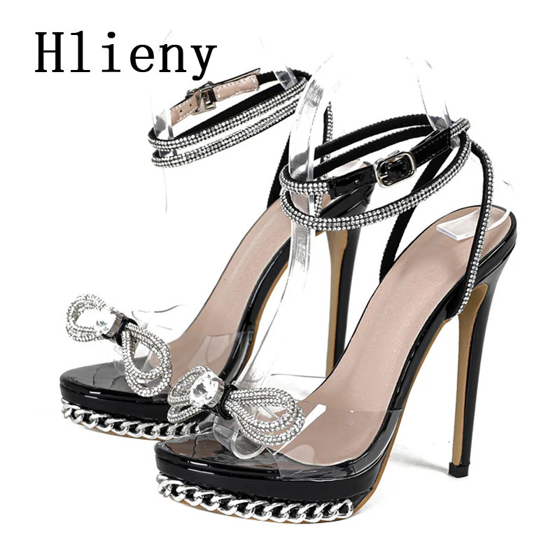 Hlieny Summer Fashion Crystal Butterfly-knot Transparent Sandals Women Sexy Platform High Heels Buckle Strap Party Stripper Shoe 250526