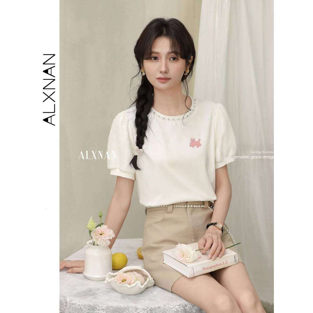 ALXNAN Women's Elegant Embroidered Beaded Short T-Shirt 2025 Summer Loose Boho Chic Puff Sleeve Top Ladies L53793