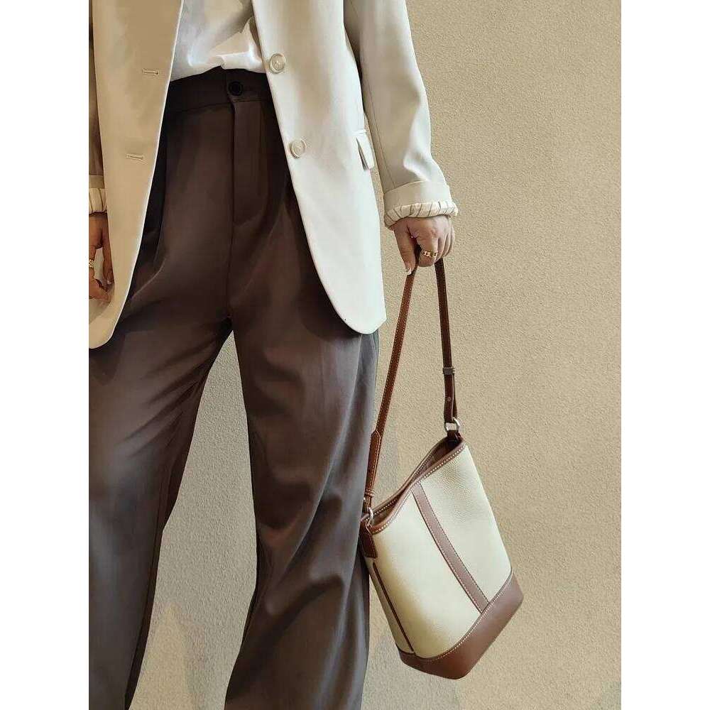 Women Single Shoulder Underarm Bucket Bag Mixed Colors Cowskin Genuine Leather Handbag Office Ladies Casual Crossbody Bags New