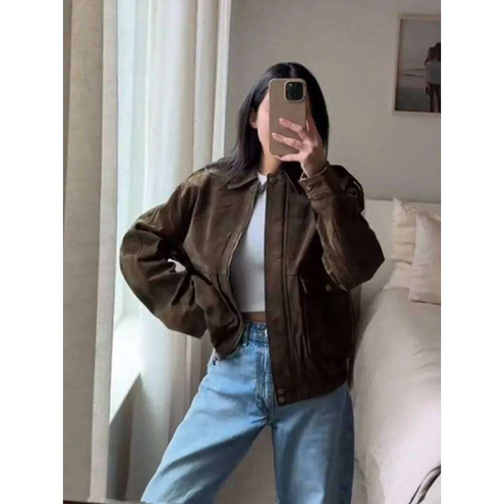 Brown Suede Jacket For Women Fashion Lapel Zipper Long Sleeve Pockets Motorcycle Bomber Coat 2025 New Spring Lady Loose Outwears