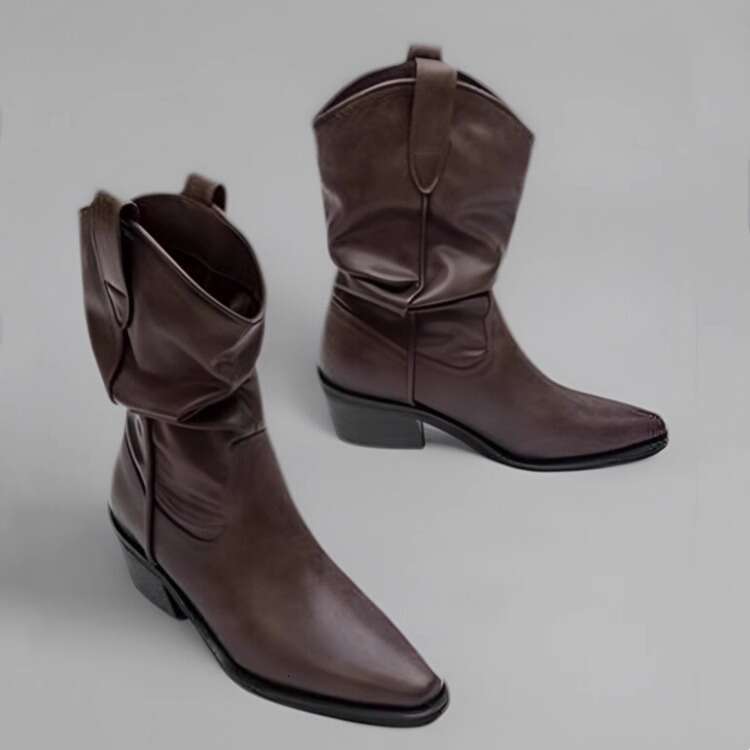 Zhao Lusi Style Slouch Suede Pointed Toe Chunky Heel Western Cowboy 2024 Mid-Calf Martin Women's Short Boots