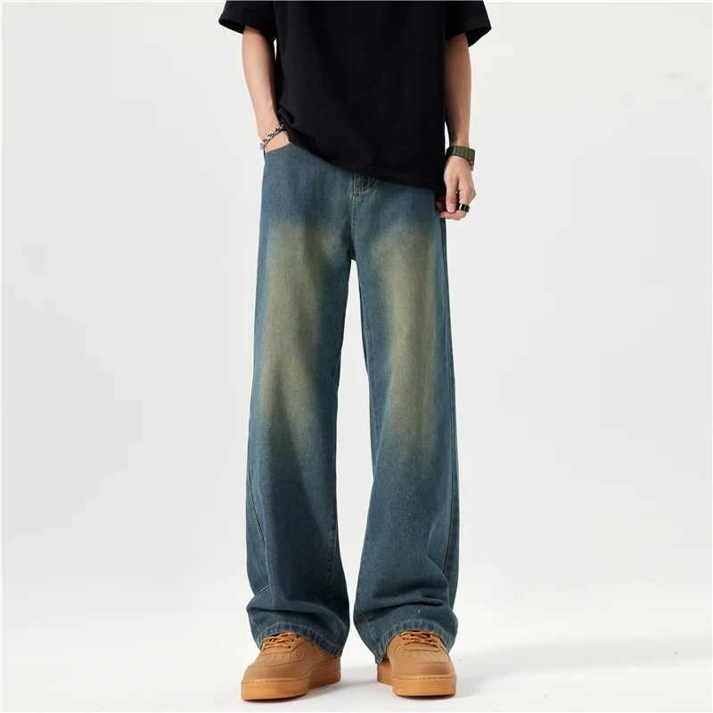 5 Colors Spring Vintage Distressed Mens Baggy Straight Jeans Fashion Korean High Strt Denim Pants Strtwear Male TrousersC250528