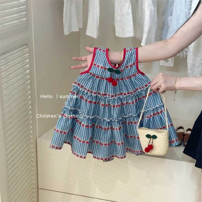Summer Baby Girl Dress Cute Plaid Strawberry Print Sleeveless Girl Dress Sweet Cherry Girl Princess Dress With Bag X250528