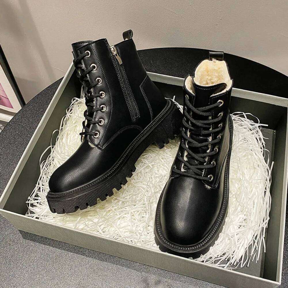 Women's 2024 Autumn/Winter New British Style Plush Fashion Thick Bottom Motorcycle Lace Comfort Zipper Snow Boots