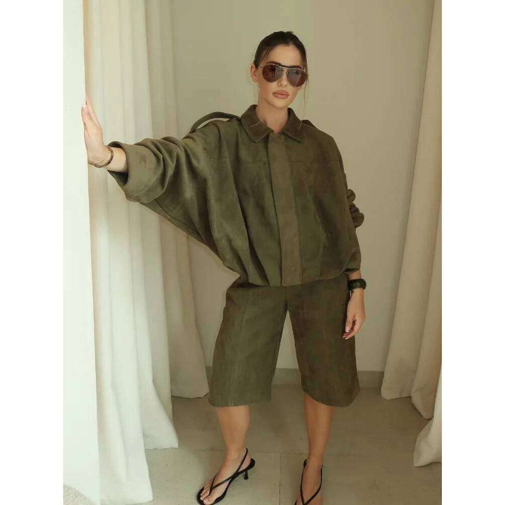 Fashion Women Green Suede Jacket 2025 New Spring Lapel Long Sleeve Zipper Oversize Bomber Coat Chic Female High Street Outerwear