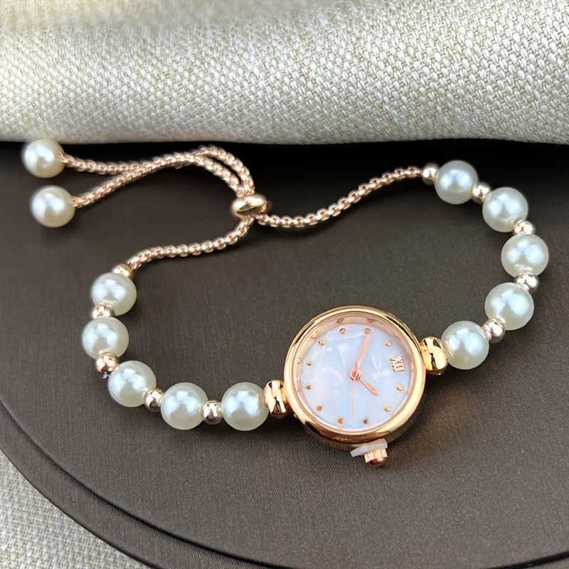 1pc Elegant Adjustable Pull-Out Alloy Strap with Imitation Pearl Comfortable Round Alloy Case Quartz Wrist Watch for Women XJ250527