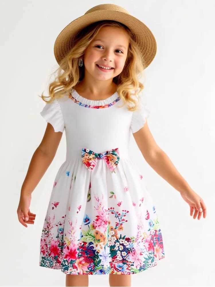 New Kids Girl Dress Summer Floral with Bow Fashion White Dresses Short Sleeve Children Clothing Outfits Casual Printed Dresses X250528