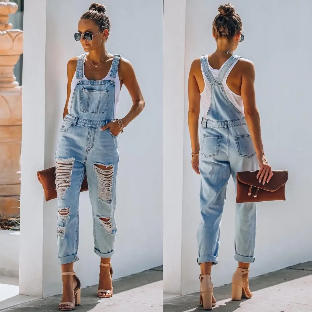 Women Jeans Long Pant Denim Pants One Piece Suspenders Straight Trousers Splice Hole High Waist Casual Overalls Autumn 250523