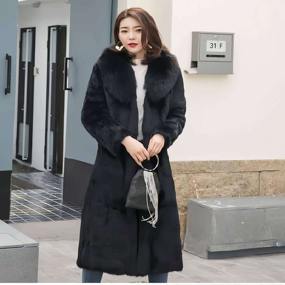 Real genuine natural full pelt rabbit coat with fox fur collar women fashion jacket custom any size 2024