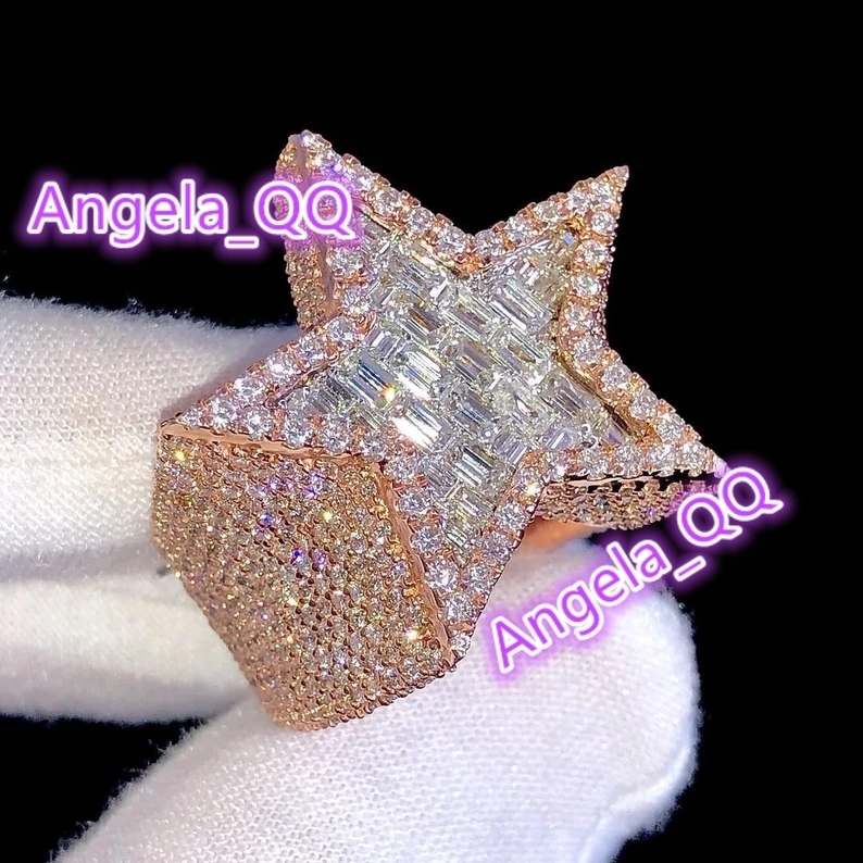 Hip Hop Rapper VVS D Colour Moissanite Diamond Luxury Two Color Iced Out Star Ring Baguette Cut for Mens Star Rings