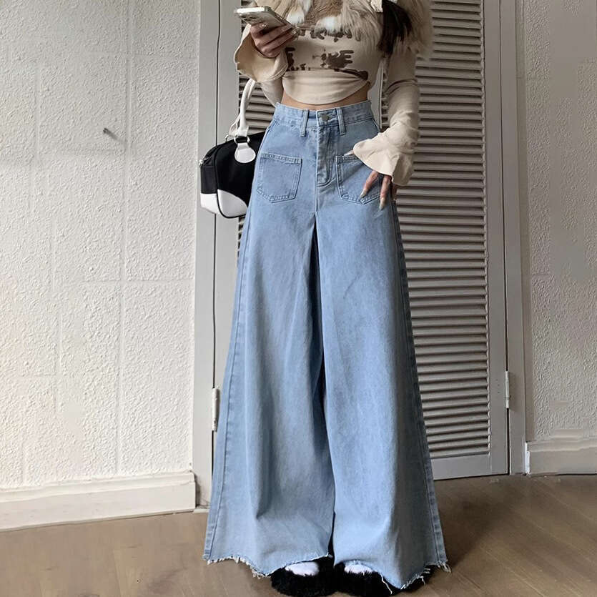 Women's High-Waisted Loose Fit Draped Floor-Length Jeans Autumn New Wide-Leg Frayed Pants
