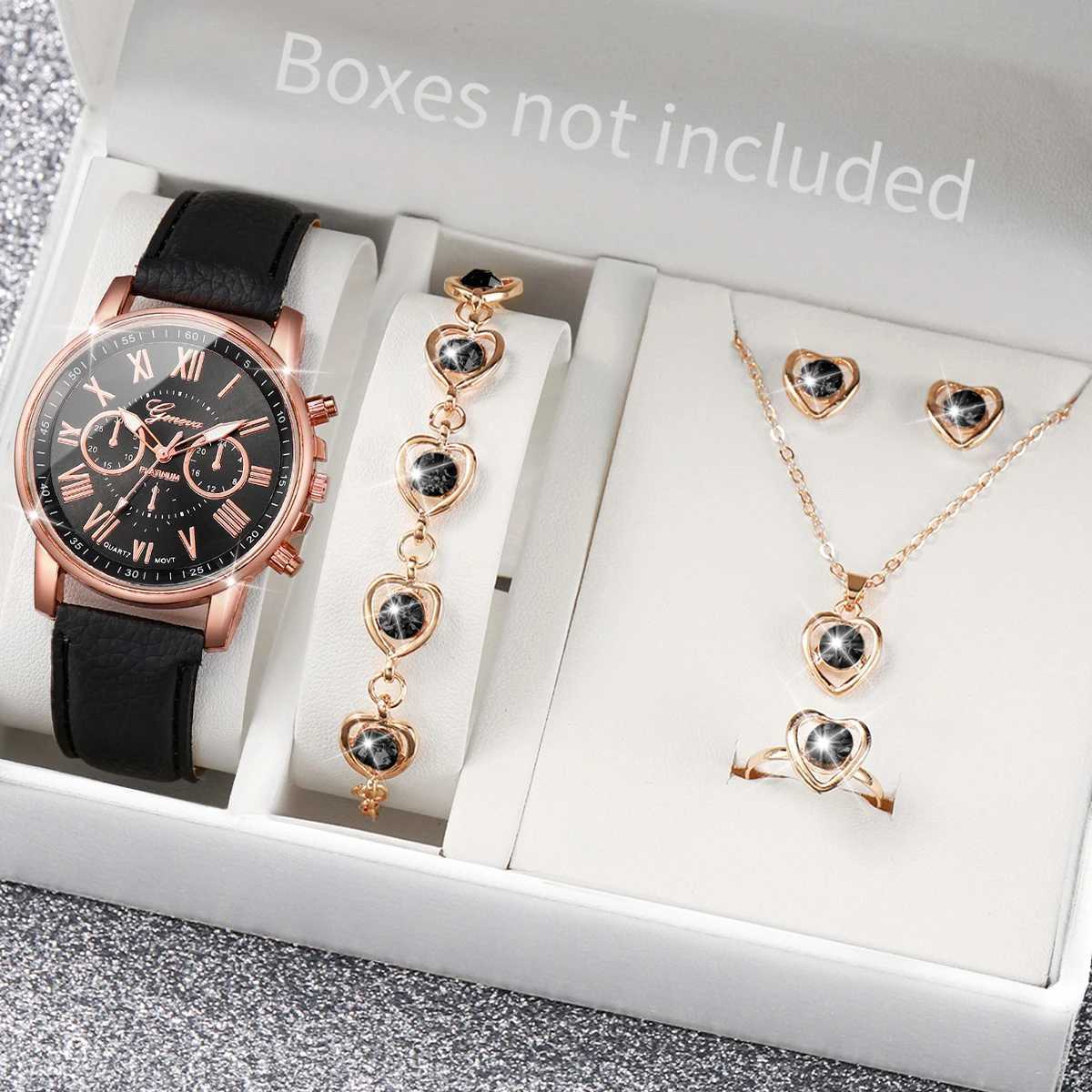 5/6PCS Fashion Womens Quartz Watch Leather Band Analog Wrist Watches Heart Rhinestone Jewelry Set(Without Box) XJ250527