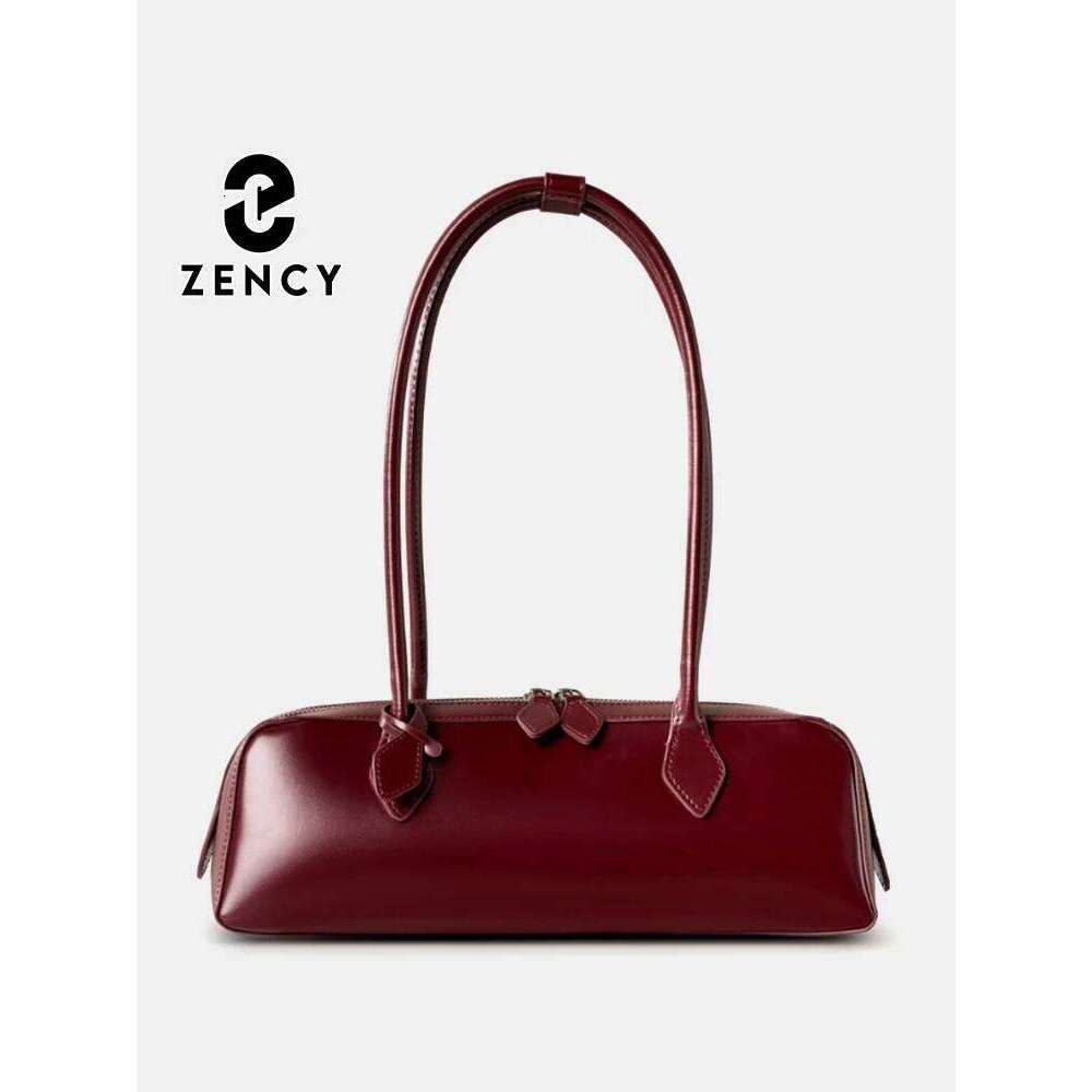 Zency Wine Red Designer Underarm Handbag Premium Oil Wax Leather Shoulder Bag Ladies Satchel French Style Waterproof