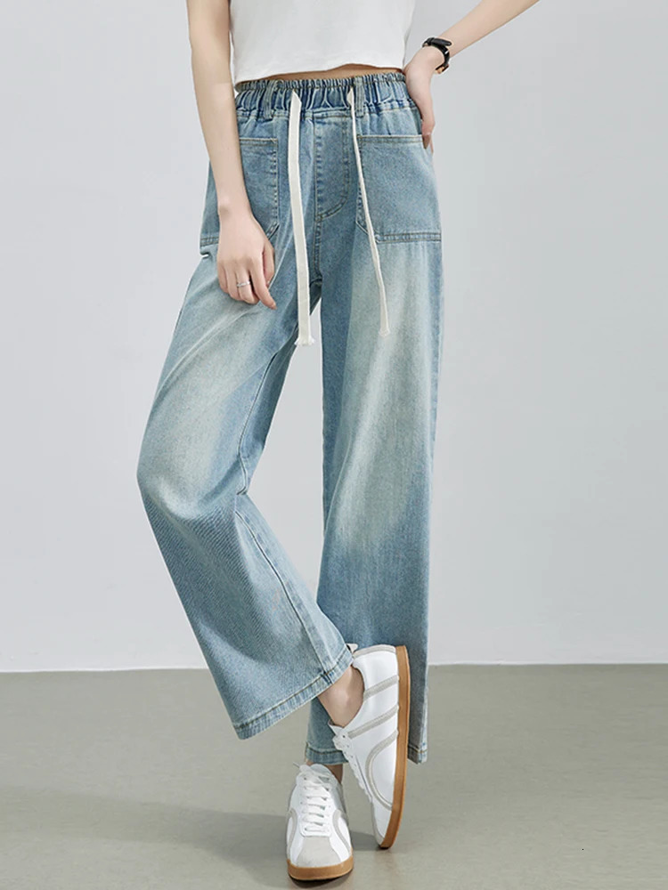 2025 Summer Denim Jean High Elastic Waist Drawstring Bleached Wide Leg Blue Pants Streetwear Trousers 250516Z