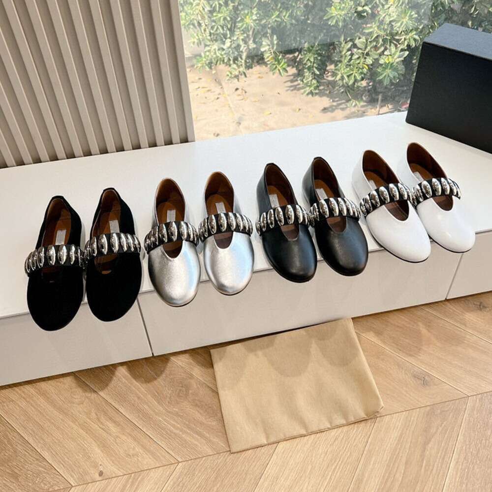 Sheepskin Version ~ Metal Buckle Elastic Band Flat Ballet for Women Summer Silver Genuine Leather Slip-On Mary Jane Shoes
