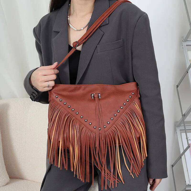 Soft Leather Trendy Casual Rivet Tassel Single Shoulder Crossbody Women's Large Bag