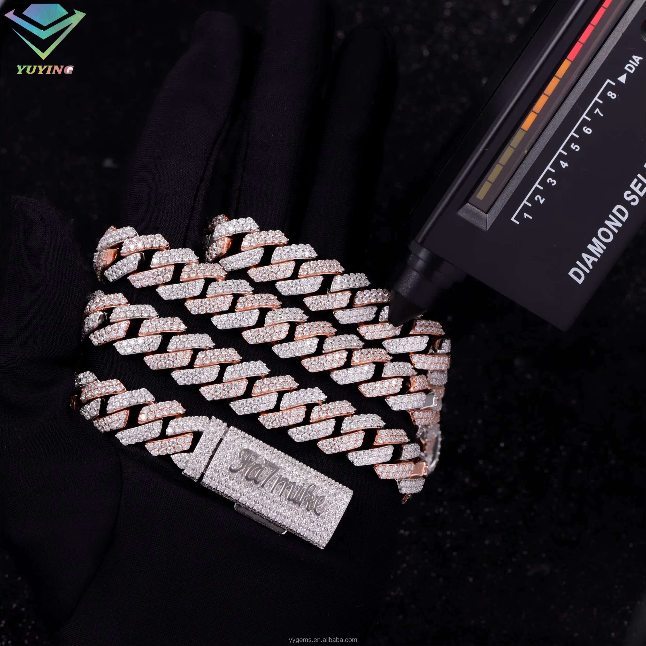 Factory Price 2 Tones White and Rose Gold 12mm 2rows Moissanite Diamond Chain High Quality S925 Silver Cuban Link Chain for Men