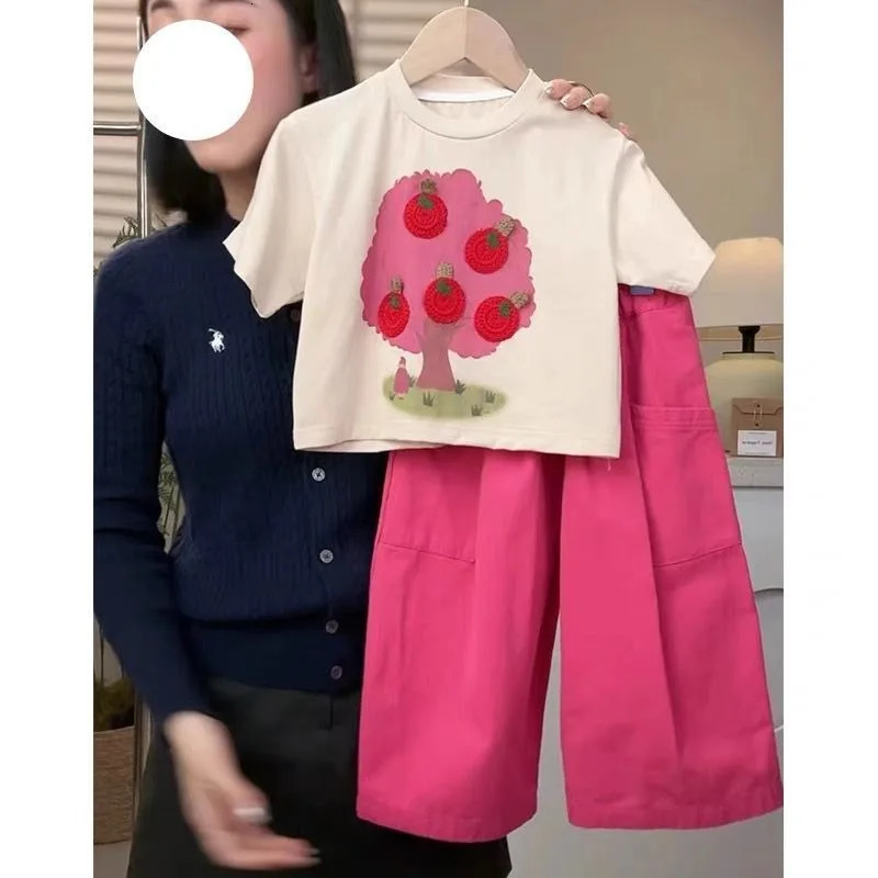 Girls Summer Set Korean Baby Lace Fashionable Short Sleeve Doll Shirt Plaid Casual Pants 250528