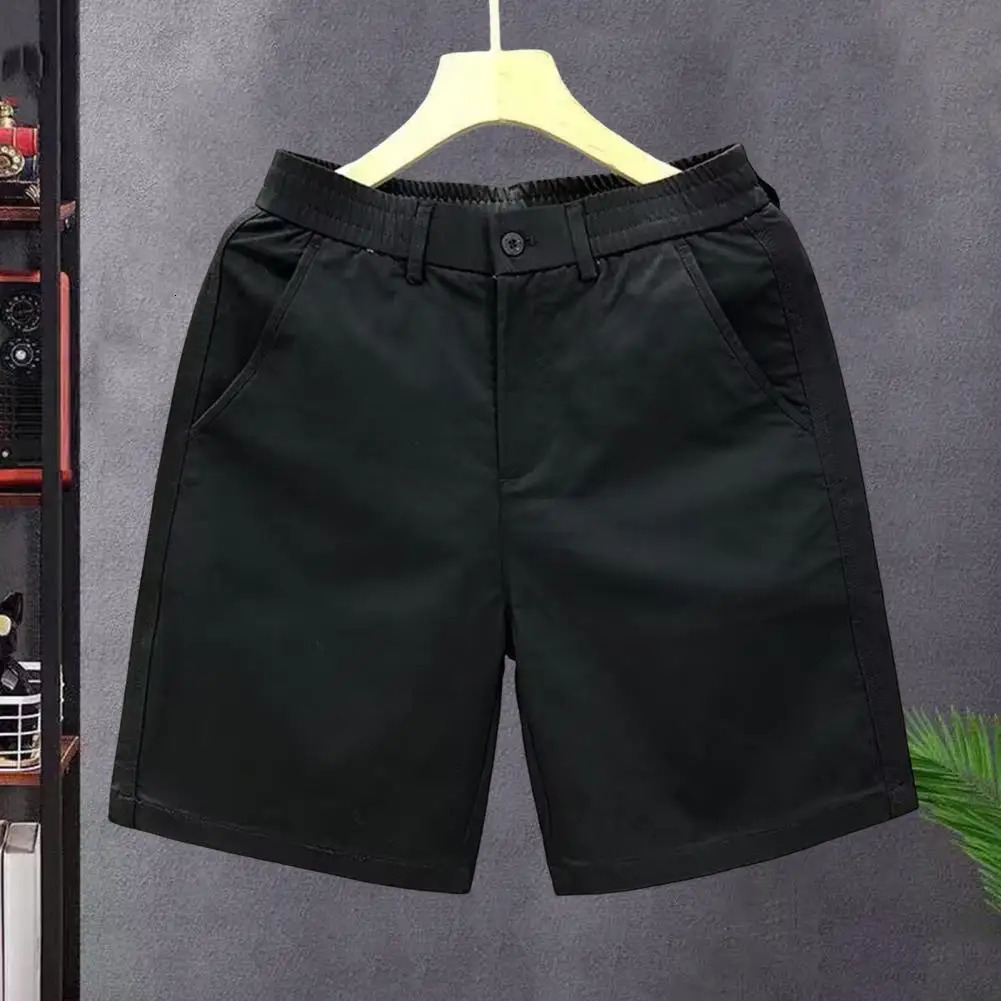 Men Elastic Waist Shorts Mens Summer Casual Shorts Mid-rise Elastic Waistband Beach Shorts Solid Color Straight Wide Leg Loose 250527