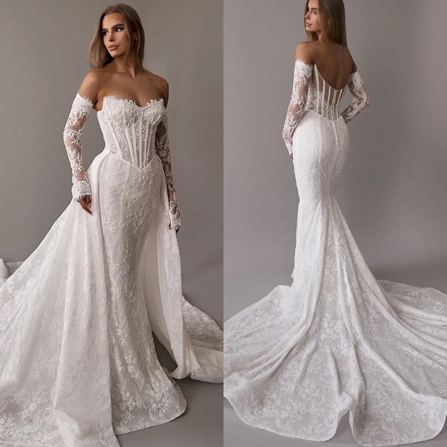 Mermaid Gorgeous Lace Dress With Overskirt Sweetheart Long Sleeves Wedding Gown Bone Bodice Button Back Robe De Mariee