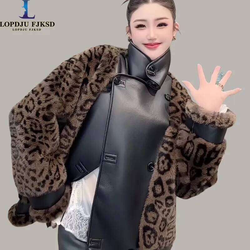 Faux Mink Fur Coat for Women, Double Breasted PU Jacket,Leopard Print Overcoat, Designer Female Clothes,Spliced,New, Winte