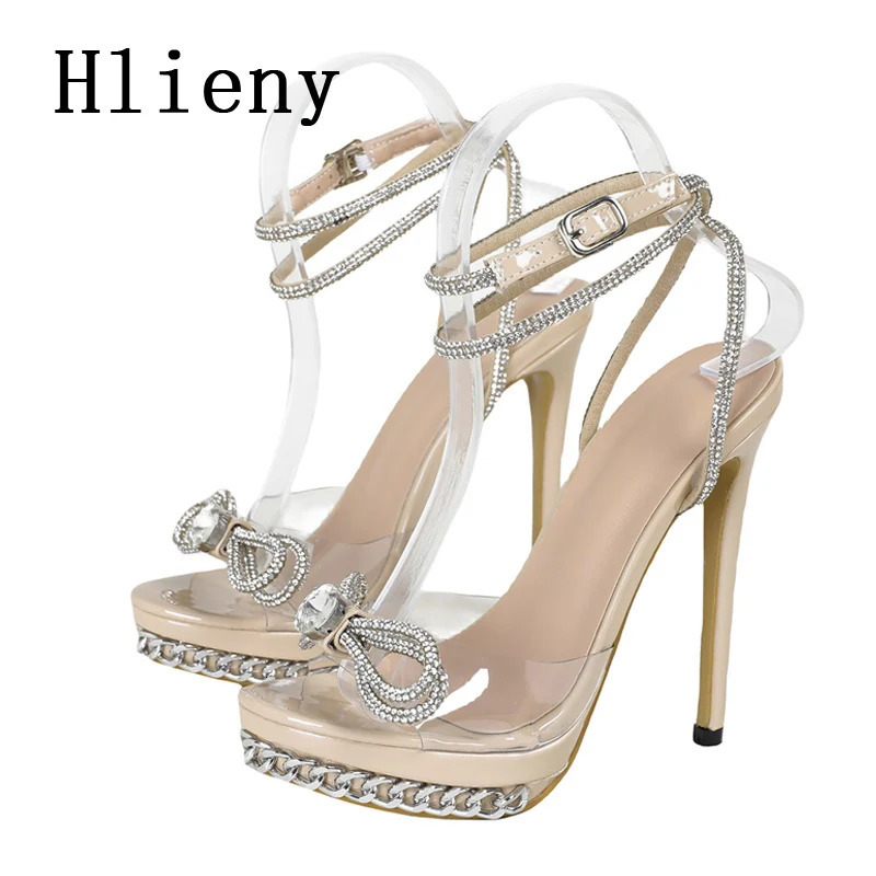 Hlieny Summer Fashion Crystal Butterfly-knot Transparent Sandals Women Sexy Platform High Heels Buckle Strap Party Stripper Shoe 250526