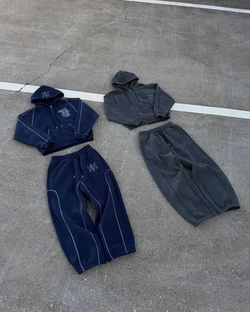 Hip hop fashion Vintage patchwork pattern embroidery design men clothing Y2k set Punk Harajuku casual couple oversized tracksuit X250528