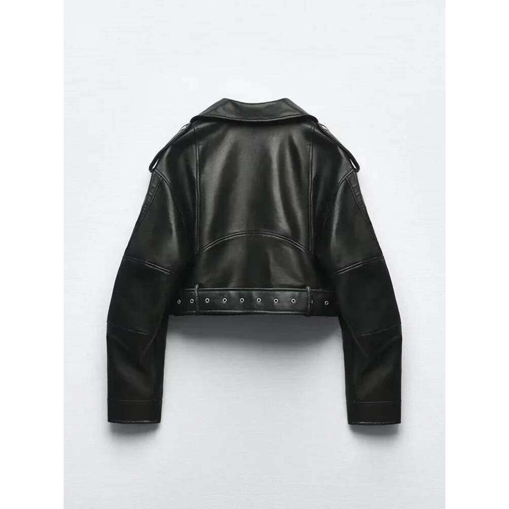 TRAF Women Oversized Vintage Loose Pu Faux Leather Short Jacket with Belt Streetwear Female Zipper Retro Moto Biker Coat Outwear