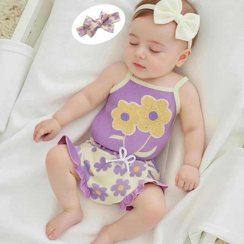 Toddler Girl Summer Outfit Floral Embroidered Sleeveless Bodysuit Elastic Waist Ruffle Shorts Headband 3 Piece Set for Baby 250528
