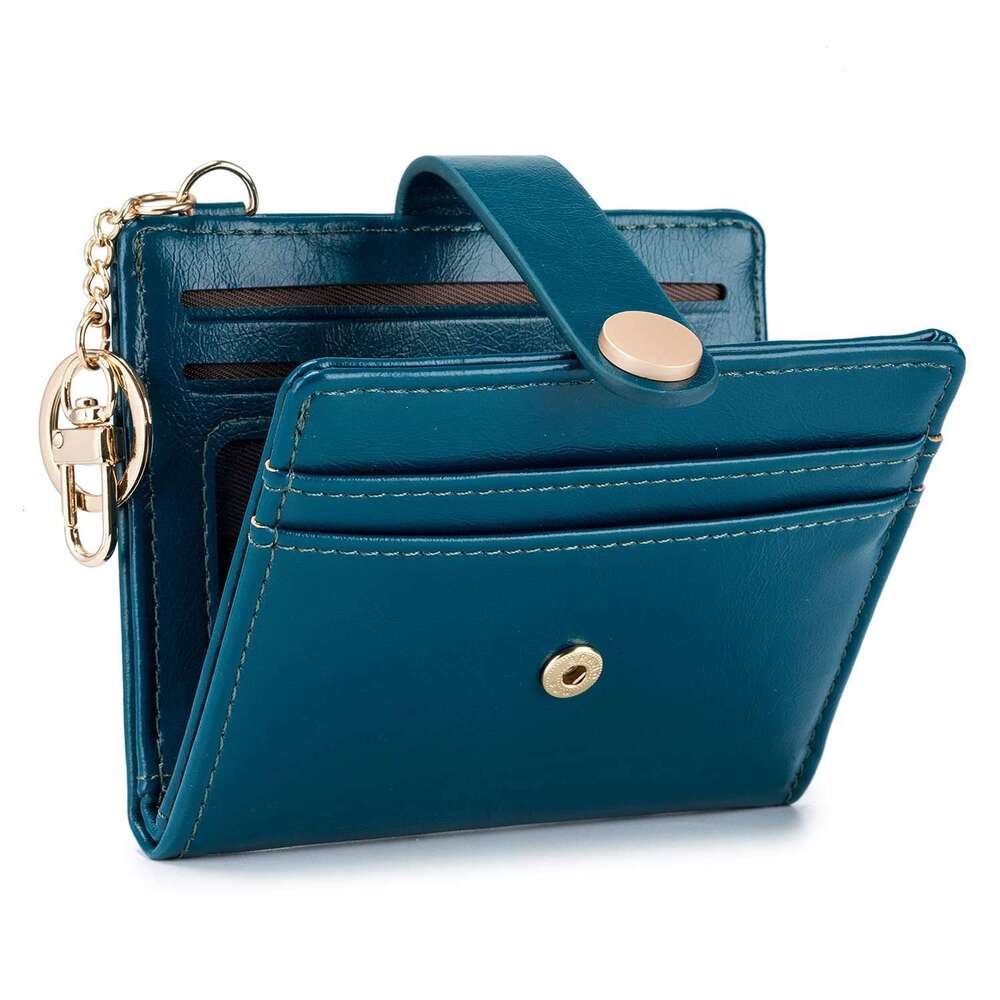 Bifold PU Leather Large Capacity Card Holder with Keychain Zipper ID Bag Multi-Card Slot Women's Ultra-Thin Wallet
