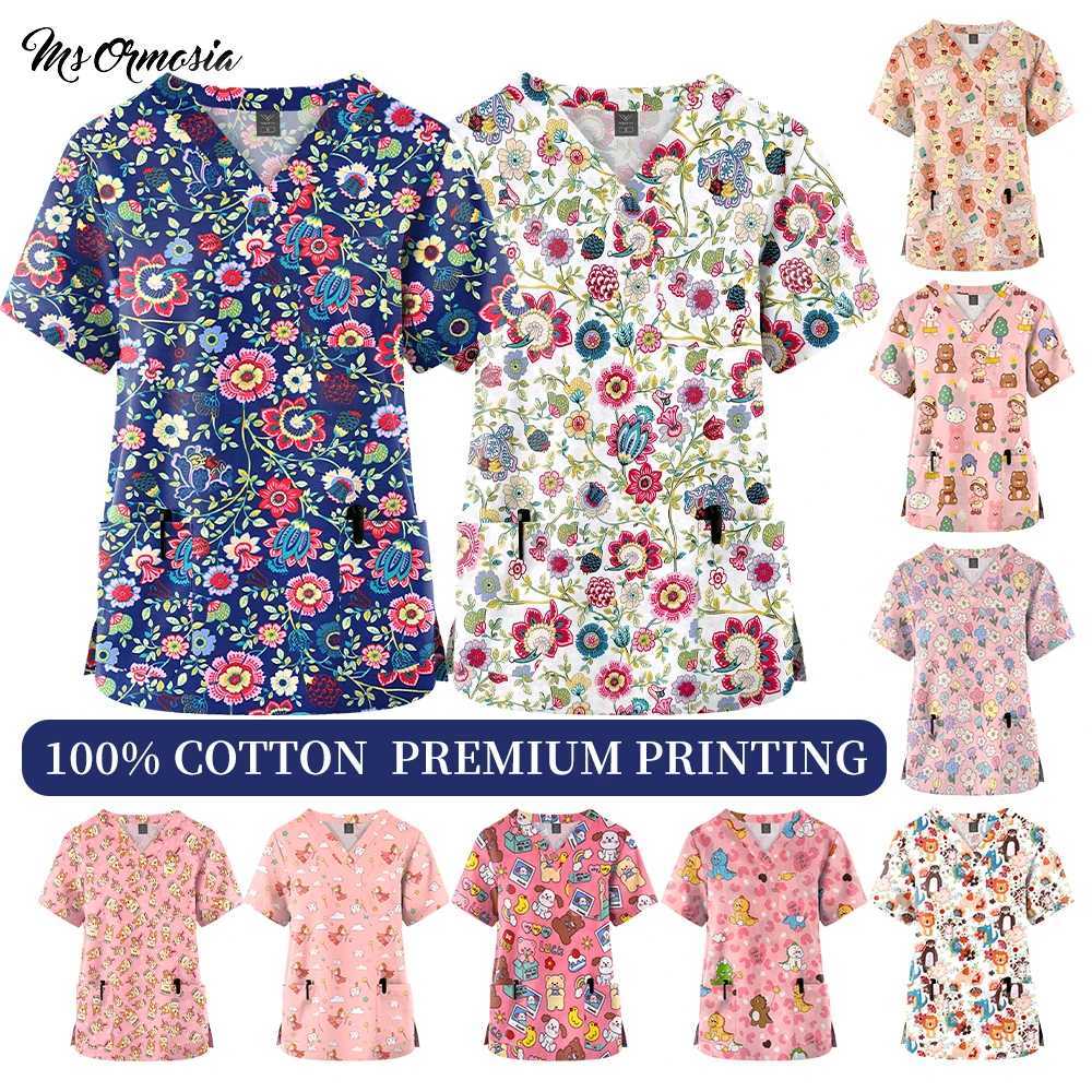 Spring/Summer New European And American Pullover Cartoon Printing Nurse Hospital Work Clothes V-neck Tops Pocket Casual T-shirts X2505281