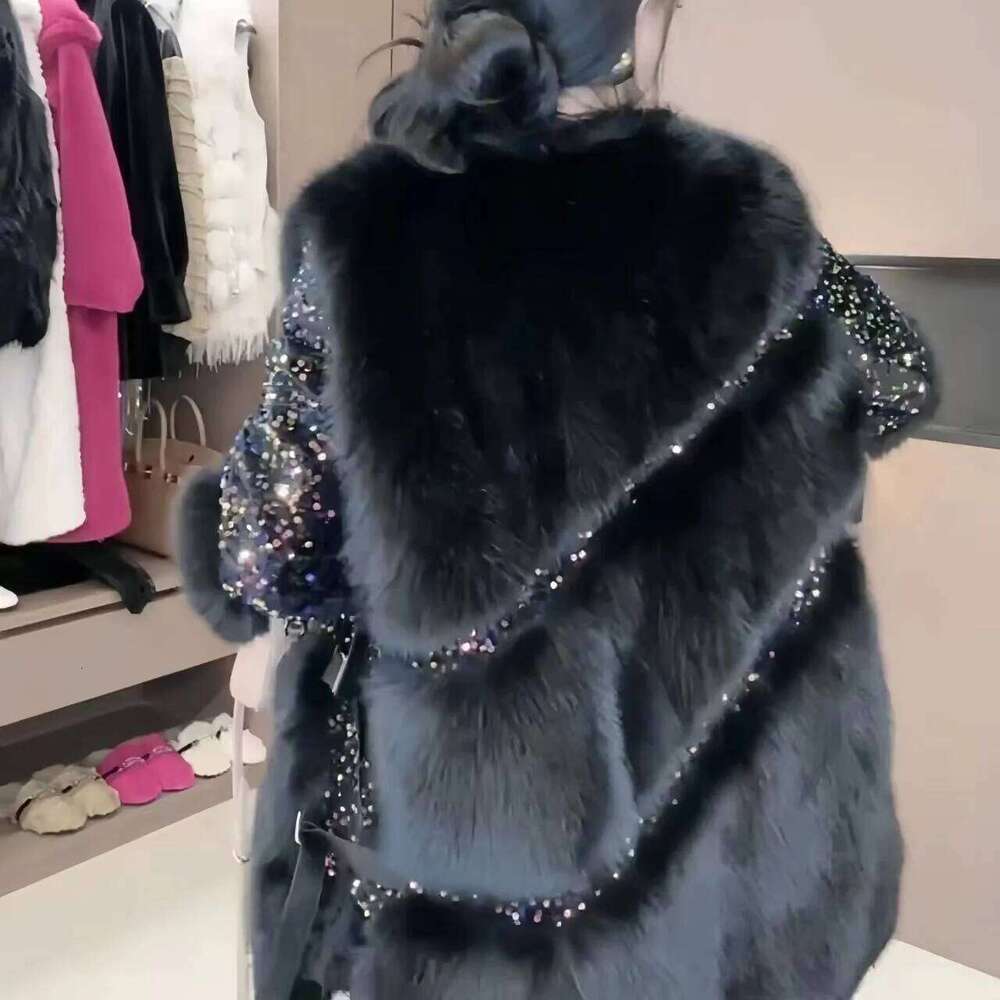 Faux Fur Coat for Women, Turn-down Collar Jacket, Loose Spliced Overcoat, Covered Button, Sequins, Female, New, Winter