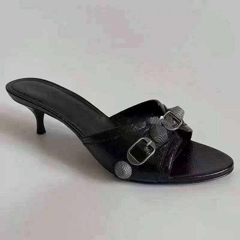 2025 Summer Women's Studded Black Slippers Sexy Spice Punk High Heels Party Shoes