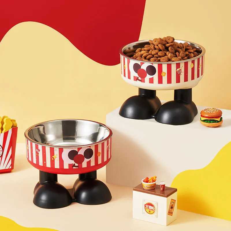 A striped popcorn high-foot pet bowl stylish stainless steel large-capacity dogbowl for feeding and water neck-protecting c Y250528