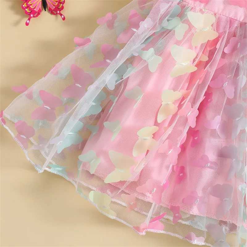 VISgogo Baby Girls Princess Dresses Short Puff Sleeve 3D Colorful Butterfly Tulle A-line Dress Kids Summer Casual Dress X250528