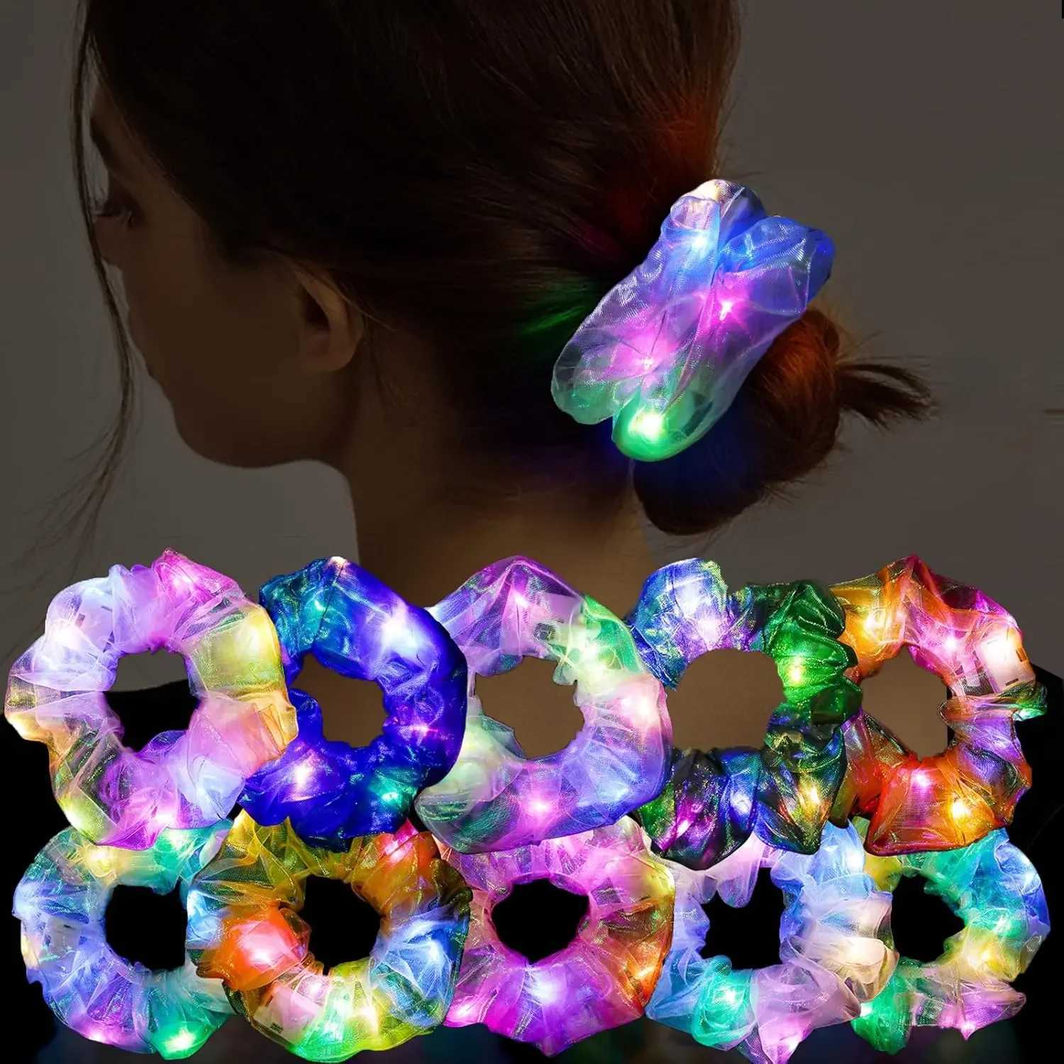 10Pcs LED Light Hair Scrunchies Light Up Scrunchies Elastic Glow Hairbands Hair Scrunchies Glow Mermaid Party favors Supplies W250528