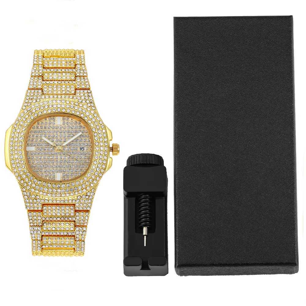 1pc Men Women Quartz Watch Iced Out Hip-hop Punk Full Diamonds Wrist Watch Bundled Size Adjuster Stylish Party Jewelry Gift Box XJ250527