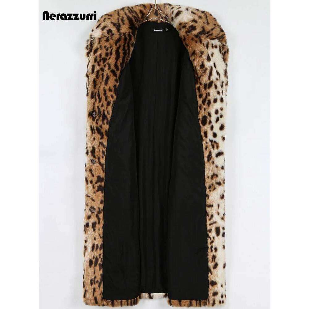 Nerazzurri Winter Long Loose Thick Warm Soft Fluffy Leopard Print Faux Fur Coat Women Lapel Runway European Fashion 2022