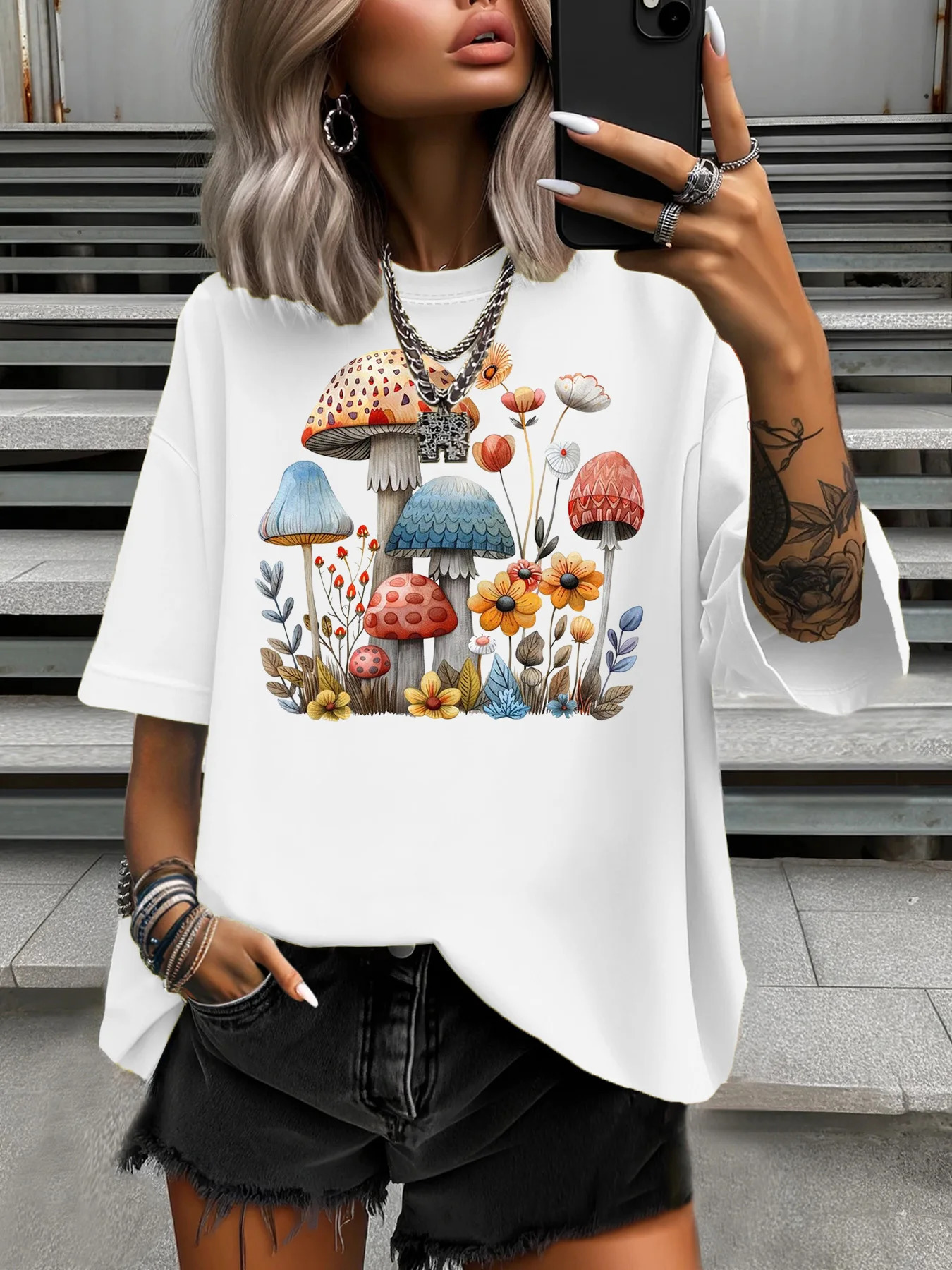 Womens Plus Size TShirt Original n Fashion Mushroom Garden Pattern Printed Casual Round Neck Short Sleeved Tops 250519