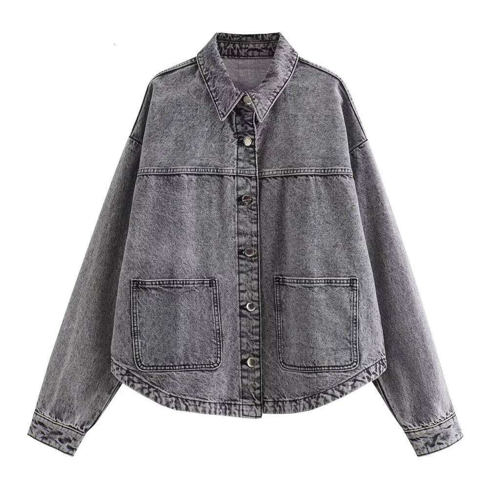 UNIZERA Summer New Women's Loose Casual Polo Collar Long Sleeve Patch Bag Decoration denim jacket
