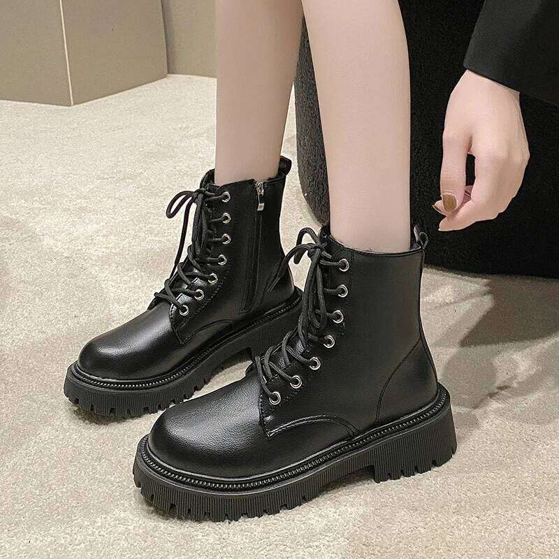 Women's 2024 Autumn/Winter New British Style Plush Fashion Thick Bottom Motorcycle Lace Comfort Zipper Snow Boots