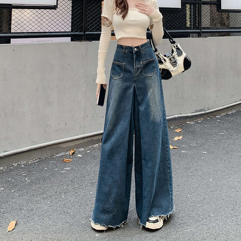 Women's High-Waisted Loose Fit Draped Floor-Length Jeans Autumn New Wide-Leg Frayed Pants